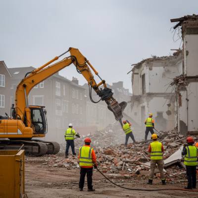 Fachgerechter Gebäudeabbruch mit schwerem Gerät und manueller Entkernung – sicheres Arbeiten, Recycling und umweltfreundliche Entsorgung.