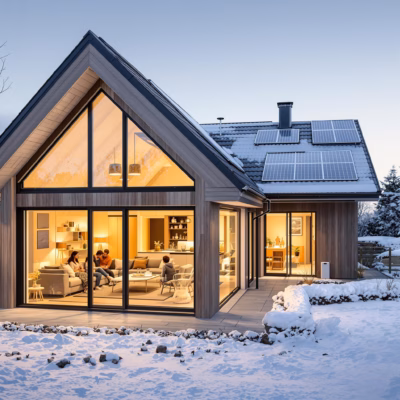 Modernes, energieeffizientes Haus mit hochwertiger Dämmung, Dreifachverglasung und nachhaltiger Heiztechnik. Eine Familie genießt das warme Raumklima, während draußen Schnee liegt.