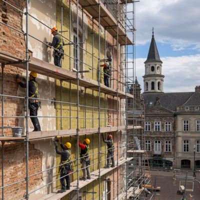 Handwerker auf einem Gerüst bei der professionellen Fassadensanierung – Reinigung, Putzarbeiten, Dämmung und Restaurierung historischer Gebäude.