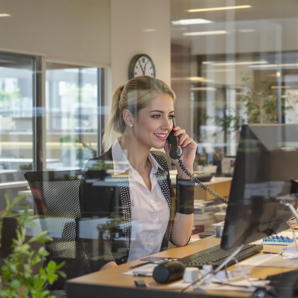 Eine lächelnde Frau in Business-Kleidung telefoniert in einem modernen Büro und arbeitet gleichzeitig am Computer.