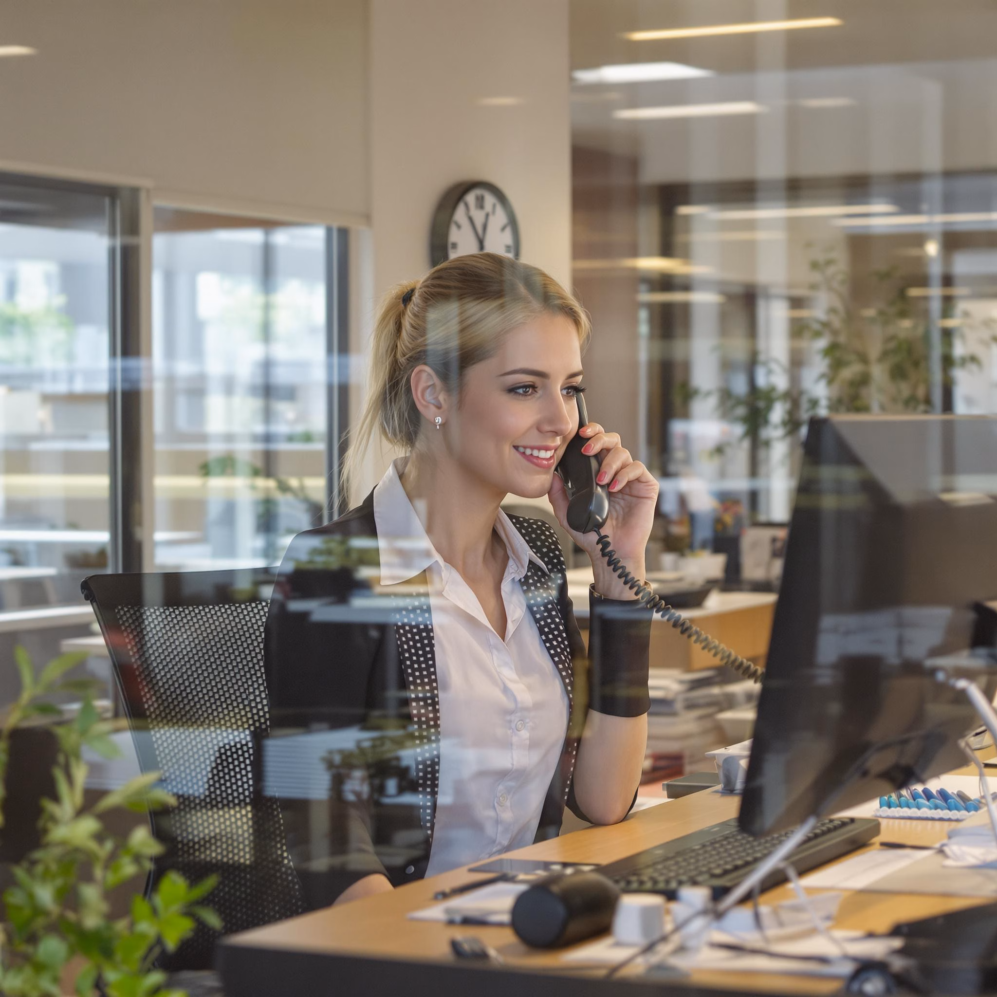 Eine lächelnde Frau in Business-Kleidung telefoniert in einem modernen Büro und arbeitet gleichzeitig am Computer.