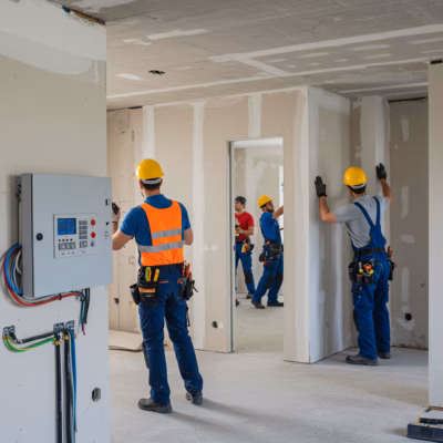 Handwerker modernisieren eine Immobilie – Installation neuer Elektro-, Heizungs- und Sanitärsysteme, Dämmung und barrierefreier Umbau.