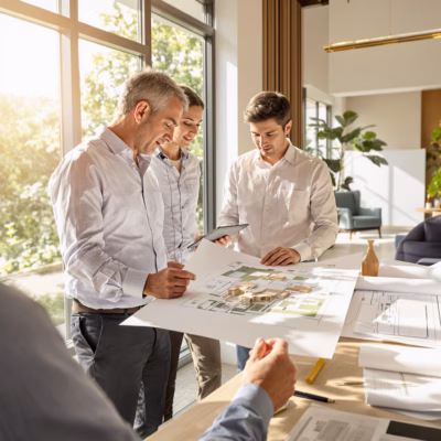 Architekten besprechen Renovierungspläne mit Kunden in modernem Büro