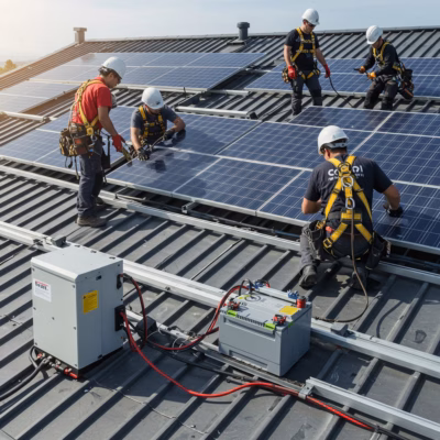 Fachgerechte Installation einer Photovoltaikanlage mit Stromspeicher und Netzanschluss auf einem Hausdach.